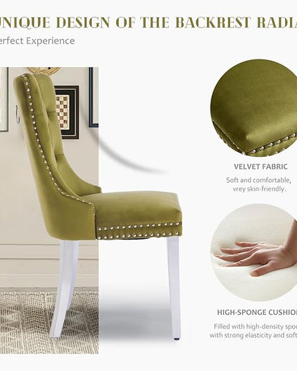 SoarFlash Velvet Dining Chairs Set of 4, Tall Back Side Chair, Modern Upholstered Side Chair with Button Back Ring, Silver Plated Stainless Steel Legs (Olive Green)