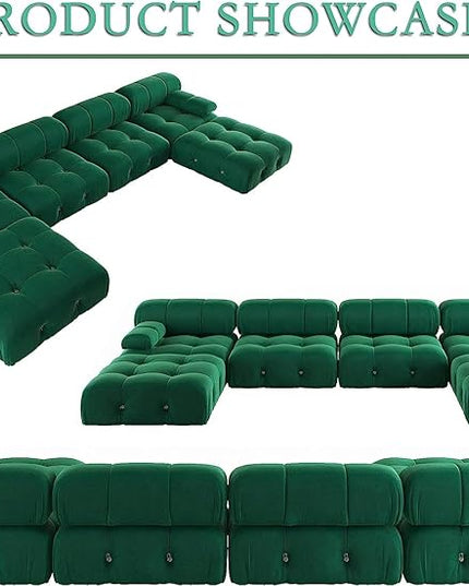 JACH 138" Convertible Modular Sectional Couch, U-Shaped Minimalist Velvet Sofas, Mid-Century Modern Comfy Sectional Couches with Chaise Ottomans for Living Room Office Apartment (Green)