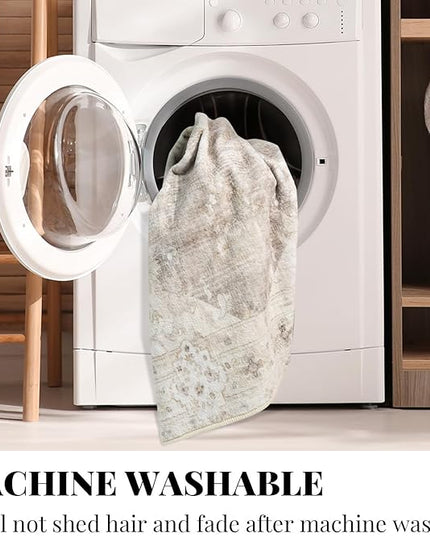 MUJOO Beige Round Rug 6ft,Circle Washable Area Rugs for Bedroom Living Room Bathroom,Boho Large Vintage Bohemian Distressed Farmhouse Non Slip Circular Carpet,Floral