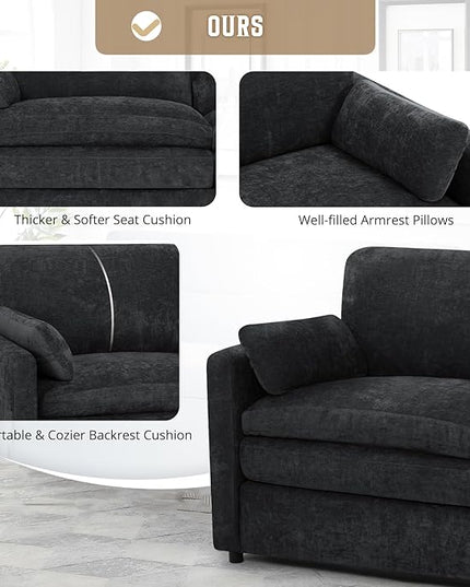69" Chenille 2 Seats Sofa with 2 Pillows, Modern Upholstered Sofa with Deeper Seats, Comfy Sofa with Thickened Cushions for Living Room, Apartment, Black
