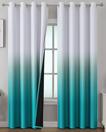 Estelar Textiler Teal and Greyish White Ombre Blackout Curtains for Bedroom 52 x 96 Inches Long, Energy Saving Thermal Insulated Window Drapes for Living Room with Grommets, 2 Panels