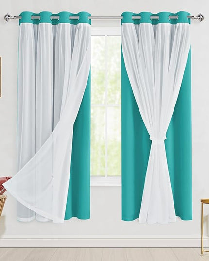 Hiasan Blackout Curtains with Sheer Overlay, Thermal Insulated Privacy Mix & Match Double Layer Window Curtains for Girls Bedroom, Living Room, 2 Drape Panels with Tiebacks,Peacock Teal, 52W X 63L