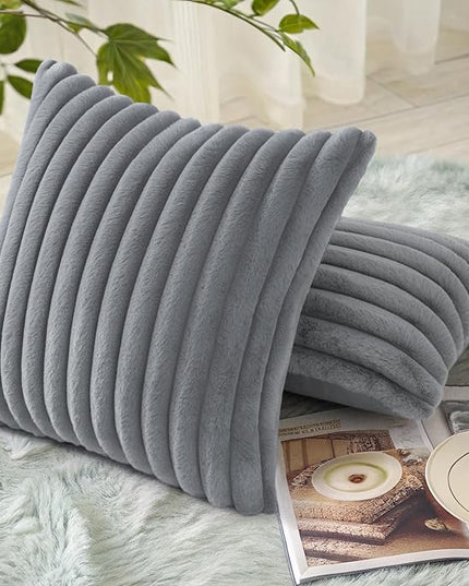 decorUhome Faux Fur Spring Throw Pillow Covers 20x20 Set of 2, Decorative Soft Plush Striped Neutral Couch Euro Pillow Covers with Velvet Back for Sofa, Bed, Living Room Home Decor, Grey