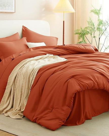 CozyLux Queen Comforter Set Burnt Orange, 7 Pieces Bed in a Bag Queen Size Comforter Set with Sheets, Terracotta Bedding Sets with Down Alternative Comforter, Sheets, Pillow Shams and Pillowcases