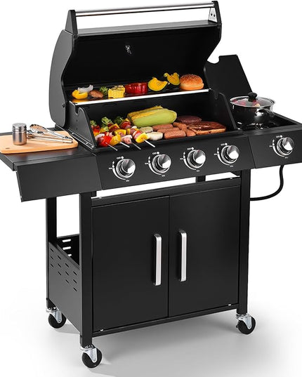 Q043-4-Burner w/Side Burner Gas Grill with 292 SQ.IN. Outdoor Grill with 44,000 BTU,Propane Grills with Top Cover Lid,Grills Outdoor Cooking for Patios,Camping,Balcony,Garden