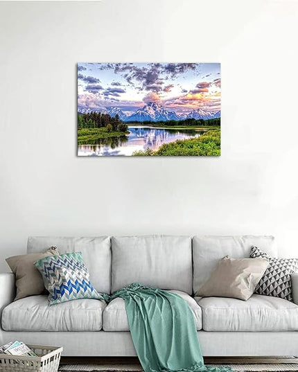 SKASNFAI Mountain Wall Decor Canvas Painting Grand Teton Wall Art Oxbow Bend National Park Landscape Poster Artwork Framed Pictures for Living Room Bedroom (16x24 inch)