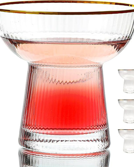 Lysenn Stemless Margarita Glasses Set of 4 - Elegant Vertical Stripes Cocktail Glasses – Premium Hand Blown Glassware for Martini and Mixed Drinks – 10 oz Gold Rim