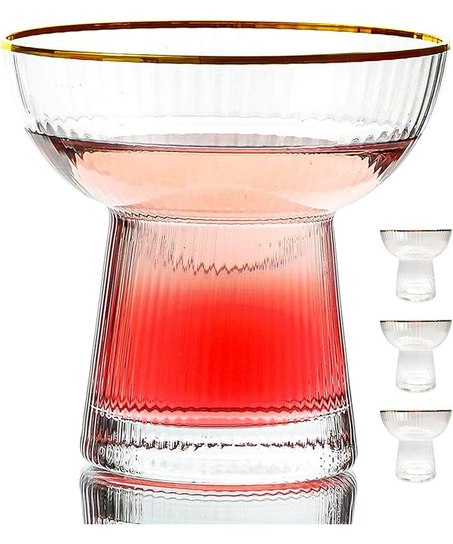 Lysenn Stemless Margarita Glasses Set of 4 - Elegant Vertical Stripes Cocktail Glasses – Premium Hand Blown Glassware for Martini and Mixed Drinks – 10 oz Gold Rim