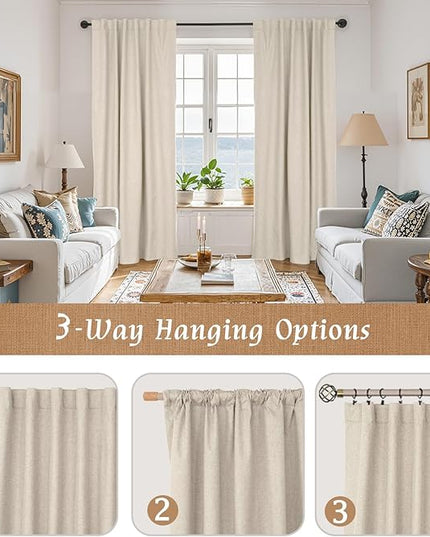 LAMIT 100% Blackout Natural Linen Curtains, 72 Inches Linen Textured Thermal Bedroom Curtains Back Tab and Rod Pocket Neutral Panels with White Liner for Farmhouse, 2 Panels, 52 x 72 Inch, Oatmeal