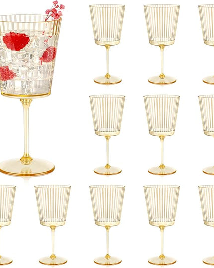 12 PCS Gold Ribbed Plastic Wine Glasses 13.5 OZ Ribbed Wine Glasses Detachable Wine Glass Elegant Fluted Glassware Vintage Style for Wedding Anniversary Birthday Dinner Parties