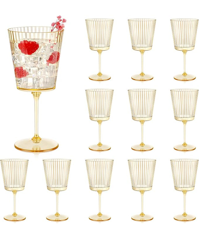 12 PCS Gold Ribbed Plastic Wine Glasses 13.5 OZ Ribbed Wine Glasses Detachable Wine Glass Elegant Fluted Glassware Vintage Style for Wedding Anniversary Birthday Dinner Parties