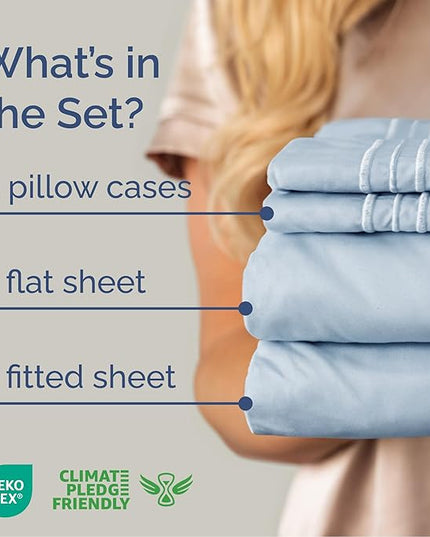 Queen Size 4 Piece Sheet Set - Comfy Breathable & Cooling Bed Sheets Set - Hotel Luxury Bedding for Women, Men, Kids, Teens, Boys & Girls - Deep Pockets, Ultra-Soft, Wrinkle Free - Oeko-Tex - Sky Blue