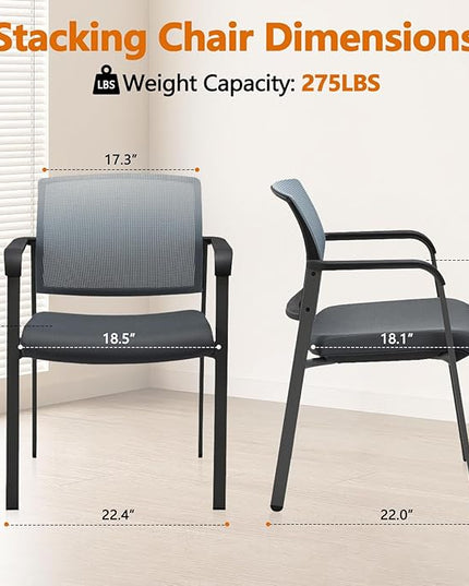 CLATINA Mesh Back Stacking Arm Chairs with Upholstered Fabric Seat and Ergonomic Lumber Support for Office School Church Guest Reception Grey