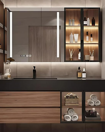 52IN Bathroom Vanity with Sink - Wooden Bathroom Cabinet with Transparent Glass Doors, Mirror Cabinet with Defogging & 2 LED Light Strips | Large - Capacity Storage Area with 2 Drawers (Style B)