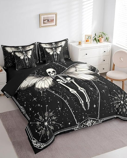 Feelyou Death Moth Kids Comforter Set 7pcs, Boho Moon Star Bed Set Queen for Boys Girl, Gothic Skull Skeleton Bedding with 1 Comforter,1 Fitted Sheet,1 Flat Sheet,2 Pillowcases,2 Throw Pillow Cover
