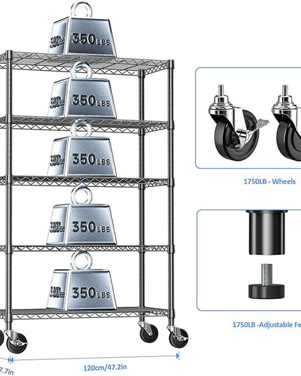 IZEUK 5-Tier Storage Shelving Unit with Wheels, Adjustable Heavy Duty Steel Wire Rack Organizer (Black, 17.7" D x 47.2" W x 76.7" H, 1750 lbs Capacity) for Garage, Kitchen, Office, Laundry, Basement
