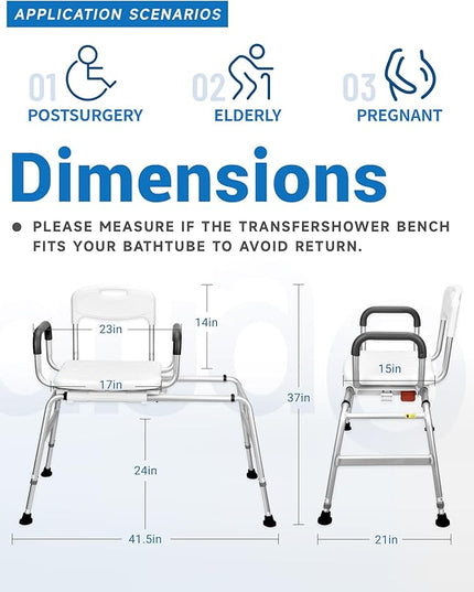 Sangohe Shower Chair for Inside Shower, Sliding Shower Chair, Tub Transfer Bench with 360⁰ Swivel Seat, Tub Transfer Benches for Bathtubs, Medical Shower Seat for Elderly and Disabled, 788B