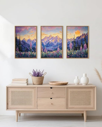 HOURIA Vintage Purple Mountain Landscape Framed Canvas Wall Art Set,Watercolor Boho Floral Tree Wall Decor,Modern Natural Soft Sunlight Field Artwork for Living Room, Bedroom,Farmhouse-24 x36 x3