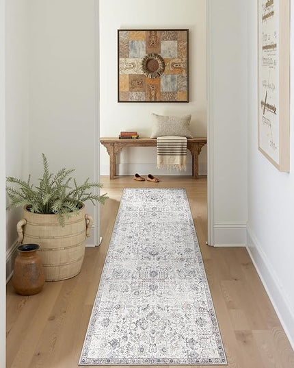 jinchan Kalen Runner Rug 2x8 Washable Hallway Rug Vintage Indoor Thin Retro Floor Cover Distressed Gray Floral Country Lightweight Non Slip Carpet for Entryway Bathroom Bedroom Living Room Grey