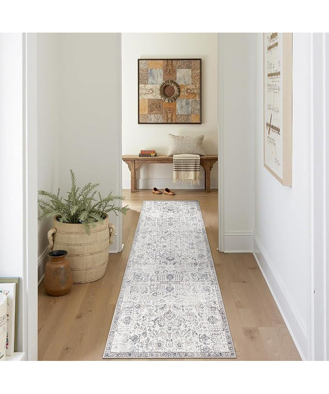 jinchan Kalen Runner Rug 2x8 Washable Hallway Rug Vintage Indoor Thin Retro Floor Cover Distressed Gray Floral Country Lightweight Non Slip Carpet for Entryway Bathroom Bedroom Living Room Grey