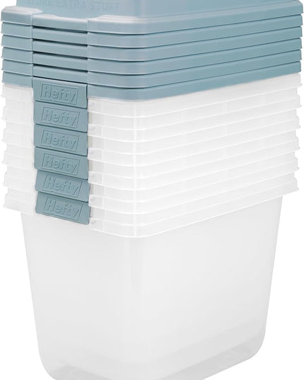 Hefty HI-RISE 32 Qt Stackable Storage Bins with Lids – 6 Pack Clear Plastic Under Bed Storage Containers, Shoe Organizer Boxes with XL Lid-Locking Latches, Comfort-Grip Handles, Durable Double Rim