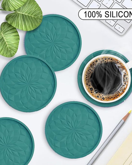 ME.FAN Silicone Coasters with Holder,[6 Pack] Drinking Coasters - Cup Mat for Hot or Cold Drinks, Thickened, Non-Slip, Non-stick,Deep Tray Teal Blue