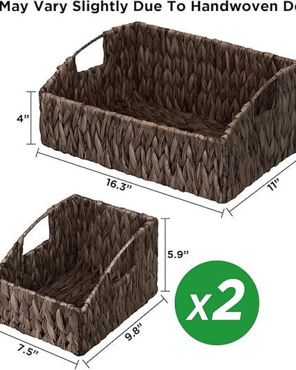 Ollieroo Natural Water Hyacinth Storage Baskets, Handwoven Wicker Storage Bins with Built-in Handles, Storage Container Baskets for Shelves, Bedroom, Bathroom, Laundry Room or Kitchen(Black)