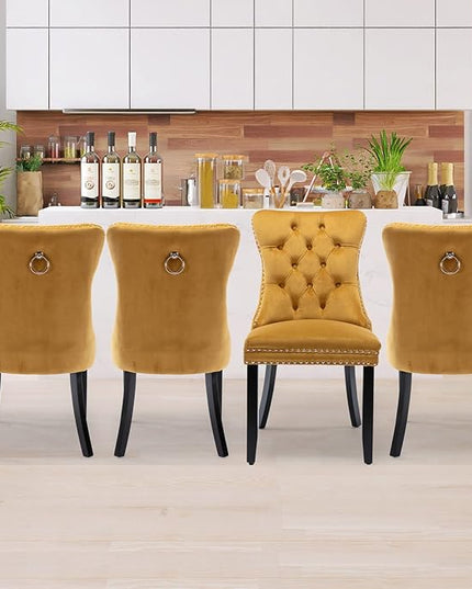 SoarFlash Velvet Dining Chairs Set of 4, Tall Back Side Chair, Modern Upholstered High-end Tufted Side Chair with Button Back Ring, Solid Wood Legs (Gold)