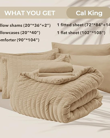 HYMOKEGE Khaki California King Comforter Set Seersucker 7 Pieces, All Season Luxury Bed in a Bag for Bedroom, Bedding Set with Comforter, Sheets, Pillowcases & Shams