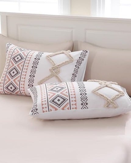 MOVE OVER Beige Tufted Comforter Set King 5 Pieces Shabby Chic Boho Bedding Set 100% Soft Microfiber Aztec Comforter Set Modern Style Ethnic Boho Tufted Bed Set for All Seasons