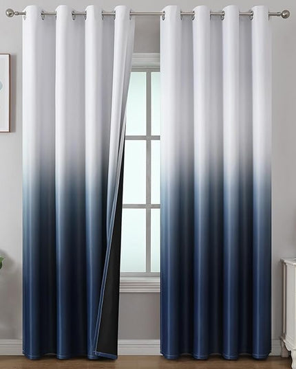 Estelar Textiler Ombre Blackout Curtains 84 Inch Length 2 Panels Set for Living Room, Navy Blue and Greyish White Energy Saving Thermal Insulated Grommet Drapes for Bedroom, 52Wx84L, One Pair