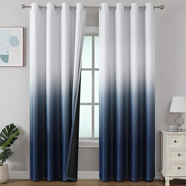Estelar Textiler Navy Blue & Greyish White Ombre Blackout Curtains 96 Inch Length 2 Panles, Light Blocking Thermal Insulated Room Darkening Window Drapes for Bedroom/Living Room, 52x96 Inch