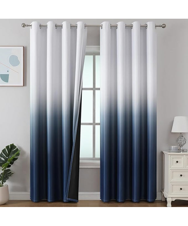 Estelar Textiler Navy Blue & Greyish White Ombre Blackout Curtains 96 Inch Length 2 Panles, Light Blocking Thermal Insulated Room Darkening Window Drapes for Bedroom/Living Room, 52x96 Inch
