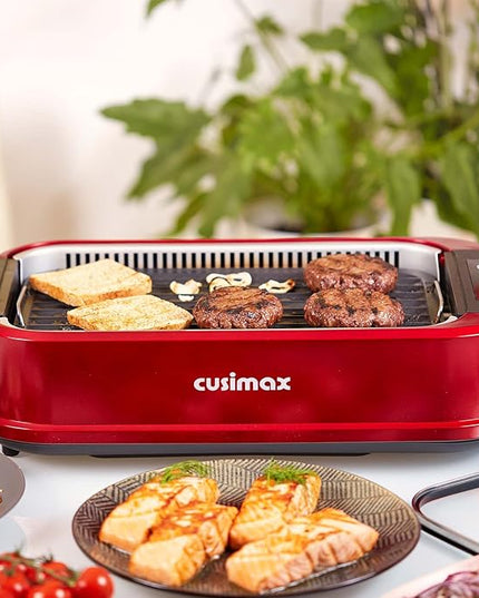 Indoor Grill, CUSIMAX Smokeless Grill Indoor, Electric Griddle, 1500W Korean BBQ Grill with LED Smart Display & Tempered Glass Lid, Non-stick Removable Plate & Griddle Plate, Red