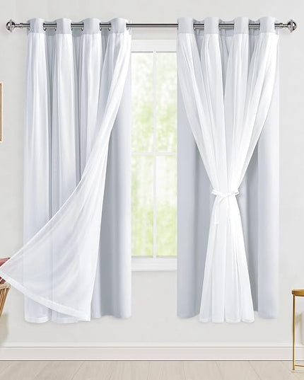 Hiasan Greyish White Blackout Curtains with Sheer Overlay, Grommet Thermal Insulated Mix & Match Double Layer Window Curtains for Girls Bedroom, Living Room, 2 Panels Sewn with Tiebacks, 52W X 63L