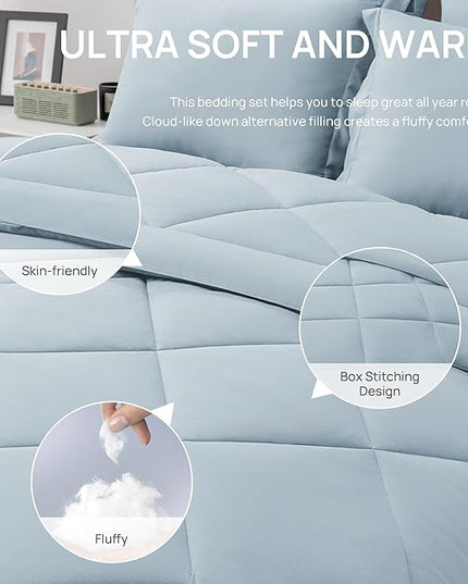 Love's cabin Twin Comforter Set Light Blue, 5 Pieces Twin Bed in a Bag, All Season Bedding Sets with 1 Comforter, 1 Flat Sheet, 1 Fitted Sheet, 1 Pillowcase and 1 Pillow Sham