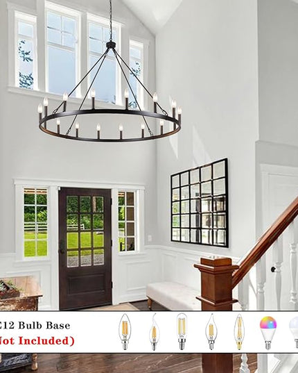 16-Lights Wagon Wheel Chandelier 47 Inch Black Chandelier Light Fixture Farmhouse Chandeliers for Living Room Foyer Chandeliers for High Ceilings Round Pendant Light for Dining Room Entryway