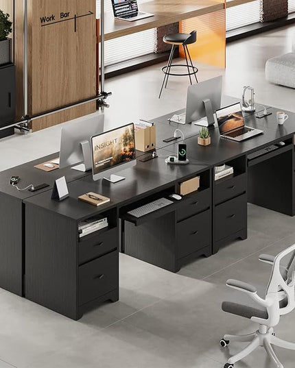 Bestier 59” Computer Desk with 4 Drawers, Office Desk with Storage, Modern Executive Desk with Charging Station, Keyboard Tray & Wooden Pedestals on Both Sides for Home Office & Studio, Black