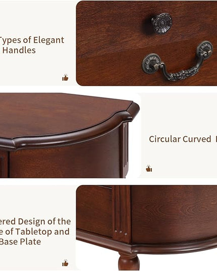 HMFULE Solid Wood Retro Curved Console Table, 43" Half Moon Console Table Sofa Table Entryway Table with 3 Drawers Open Shelf Pine Roman Legs Curved Corners for Living Room,Entryway,Hallway,Cherry
