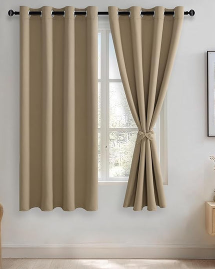 JIUZHEN Blackout Curtains with Tiebacks - Thermal Insulated, Light Blocking and Noise Reducing Grommet Curtains for Bedroom and Living Room, Set of 2 Window Curtain Panels, 52 x 63 Inch Length，Camel