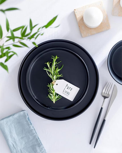 Stoneware dinnerware set 4 persons 16 pcs – Matte black ultra chic plates and bowls set – Dishwasher and microwave safe – Bowl and plate set – Dinner service Pure Living