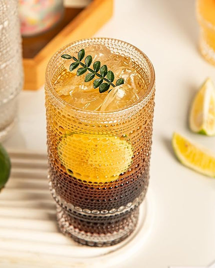 16oz Drinking Glasses Set of 4, 2 Hobnail Glasses & 2 Embossed Water Goblets, Flower Design Stackable Vintage Tumbler Glasses, Old Fashion Beaded Glass Cups for Cocktail, Iced Coffee, Beer