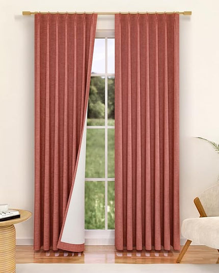 YZ HOME Terracotta Linen 100% Blackout Pinch Pleated Curtains 108 Inches Long 2 Pages for Living Room Back Tab Thermal Insulated Black Out Drapes Living Room High Ceiling Length 9 Ft