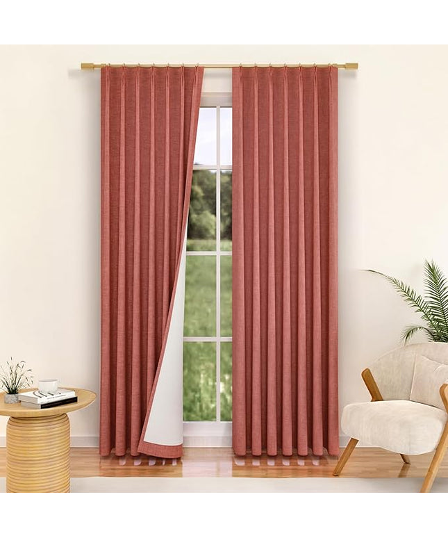 YZ HOME Terracotta Pinch Pleated 100% Blackout Curtains 95 Inches Long Linen Room Darkening Window Curtains for Living Dining Room Bedroom Thermal Insulated Pinch Pleat Double Layer Drapes with Hooks