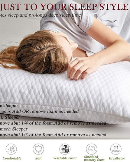 NTCOCO Shredded Memory Foam Bed Pillows for Sleeping Standard Size Set of 2, with Washable Removable Hypoallergenic Sleep Pillow for Back and Side Sleeper