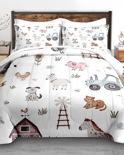 Comforter Set King Size, Farm Animal Cow 7 Pcs Bedding for Kids and Adults, Autumn Cute Tractor Bed Sheet Sets with Fitted Sheet 2 Pillowcases & 2 Shams for Bedroom Bed Decor