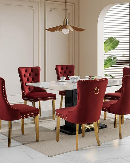 SoarFlash Velvet Dining Chairs Set of 6, Tall Back Side Chair, Modern Upholstered Side Chair with Button Back Ring, Gold Plated Stainless Steel Legs (Red)