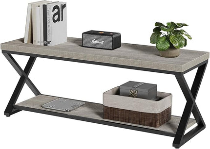 IBF Industrial Wood Entryway Bench, Indoor Farmhouse Hallway Accent Entry Bench for Seating Sitting with Storage, Metal Shoe Rack Grey Bench Organizer in Foyer Bedroom, Light Grey Oak, 47 Inch Long