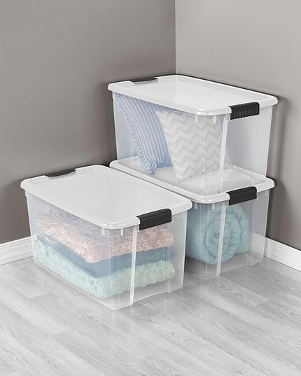 Sterilite 16-Pack Ultra Latching Box, Storage Bins with Lids, Clear Plastic, 70 Quart - Heavy-Duty Organizing Containers for Closet, Bathroom, and Office