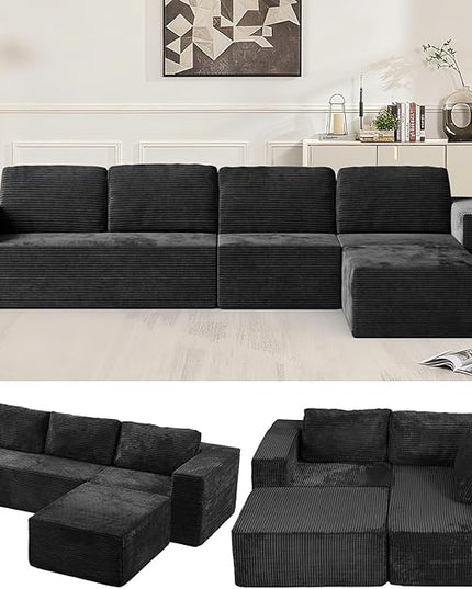 136" Modular Sectional Sofa with L-Shape Chaise, Right/Left Facing Deep Seat Cloud Couch, No Assembly Required, Upholstered Couch for Living Room Bedroom (Black, Plush Corduroy Fabric)